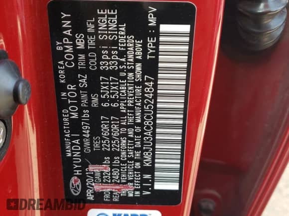 2012 Hyundai Tucson GLS z VIN KM8JU3AC8CU524847, wystawiony jako Copart lot #71528284 z przebiegiem 82 935 mil mil oraz Szkoda całkowita • Salvage title. Historia ofert i sprzedaży dostępna na DreamBid. Obrazek 12.