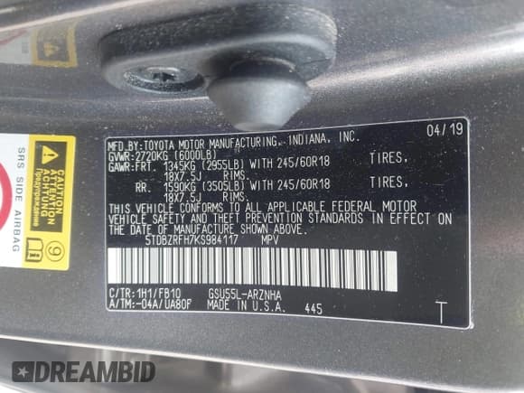 ✅ 2019 Toyota Highlander LE • VIN: 5TDBZRFH7KS984117 • Lot: 43070356. Listed on IAAI with 106,268 mi. Free auction sales archive from the USA and detailed vehicle history report at DreamBid. Image 9.