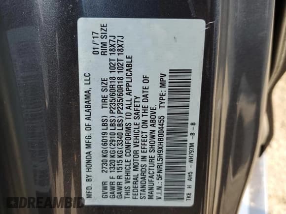 ✅ 2017 Honda Odyssey Touring • VIN: 5FNRL5H9XHB004455 • Lot: 68857595. Listed on Copart with 135,911 mi. Free auction sales archive from the USA and detailed vehicle history report at DreamBid. Image 13.