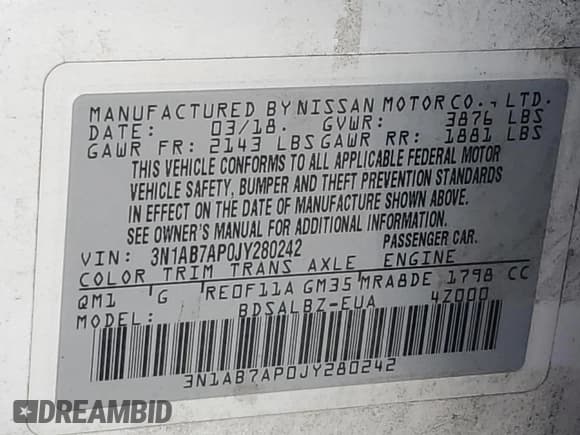 ✅ 2018 Nissan Sentra SV • VIN: 3N1AB7AP0JY280242 • Lot: 92131545. Listed on Copart with 84,733 mi. Free auction sales archive from the USA and detailed vehicle history report at DreamBid. Image 12.