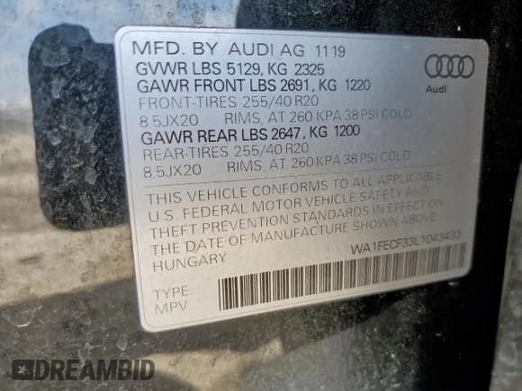 ✅ 2020 Audi Q3 S line Prestige • VIN: WA1FECF33L1043433 • Lot: 61084885. Listed on Copart with 58,607 mi. Free auction sales archive from the USA and detailed vehicle history report at DreamBid. Image 12.