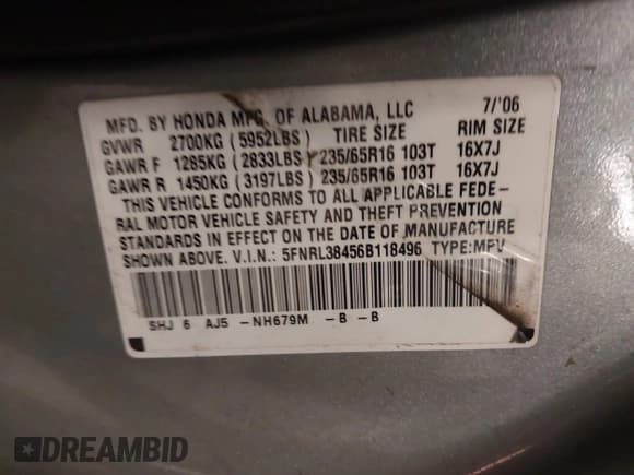 ✅ 2006 Honda Odyssey EX • VIN: 5FNRL38456B118496 • Lot: 43714481. Listed on IAAI with 224,673 mi. Free auction sales archive from the USA and detailed vehicle history report at DreamBid. Image 9.