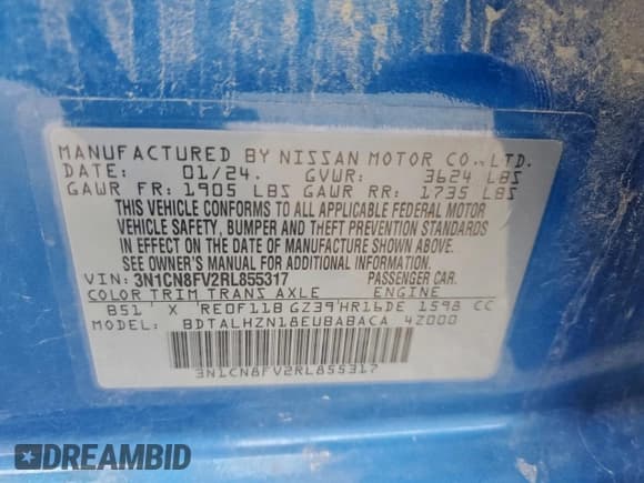 ✅ 2024 Nissan Versa SR • VIN: 3N1CN8FV2RL855317 • Lot: 94355325. Wystawiony na Copart z przebiegiem 45 992 mil. Bezpłatny archiwum sprzedaży aukcyjnych z USA i szczegółowy raport historii pojazdu na DreamBid. Zdjęcie 12.