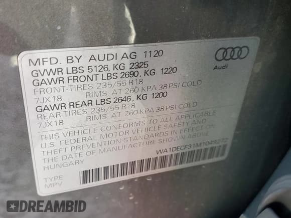 ✅ 2021 Audi Q3 S line Premium • VIN: WA1DECF31M1049272 • Lot: 82191855. Listed on Copart with 95,599 mi. Free auction sales archive from the USA and detailed vehicle history report at DreamBid. Image 13.