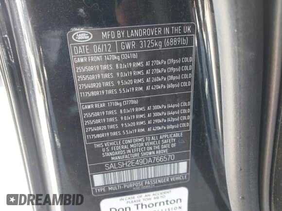 ✅ 2013 Land Rover Range Rover Sport SC • VIN: SALSH2E49DA766570 • Lot: 43840993. Listed on IAAI with 103,624 mi. Free auction sales archive from the USA and detailed vehicle history report at DreamBid. Image 9.