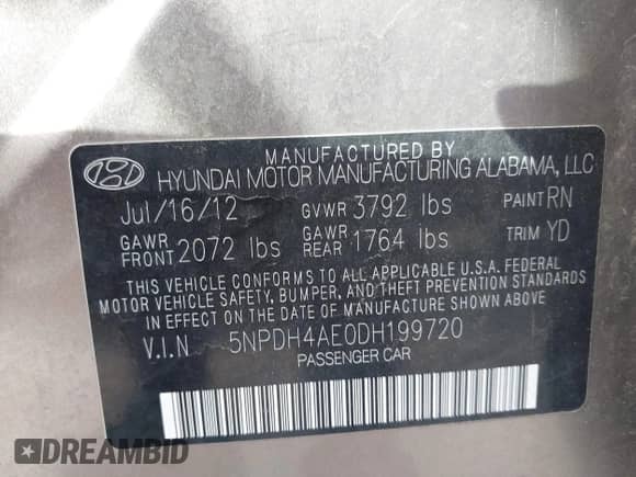 2013 Hyundai Elantra Limited with VIN 5NPDH4AE0DH199720, listed as a IAAI auction lot 43192359 with 118,383 mi miles and . Bid and sale history available at DreamBid. Image 9.