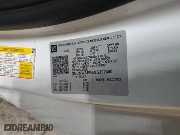 2022 Chevrolet Silverado 1500 Work Truck z VIN 3GCNWAED5NG202440, wystawiony jako Copart lot #75928504 z przebiegiem 85 349 mil mil oraz Szkoda całkowita • Salvage title. Historia ofert i sprzedaży dostępna na DreamBid. Obrazek 12.