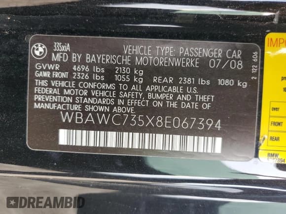 ✅ 2008 BMW 3 Series 335xi • VIN: WBAWC735X8E067394 • Lot: 69100165. Wystawiony na Copart z przebiegiem 185 163 mil. Bezpłatny archiwum sprzedaży aukcyjnych z USA i szczegółowy raport historii pojazdu na DreamBid. Zdjęcie 12.