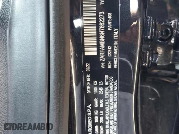 ✅ 2022 Alfa Romeo Giulia Veloce • VIN: ZARFAMBN6N7662273 • Lot: 90457335. Listed on Copart with 48,510 mi. Free auction sales archive from the USA and detailed vehicle history report at DreamBid. Image 13.