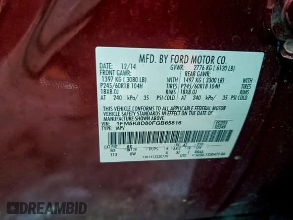 ✅ 2015 Ford Explorer XLT • VIN: 1FM5K8D80FGB65816 • Lot: 95170165. Wystawiony na Copart z przebiegiem 231 970 mil. Bezpłatny archiwum sprzedaży aukcyjnych z USA i szczegółowy raport historii pojazdu na DreamBid. Zdjęcie 14.