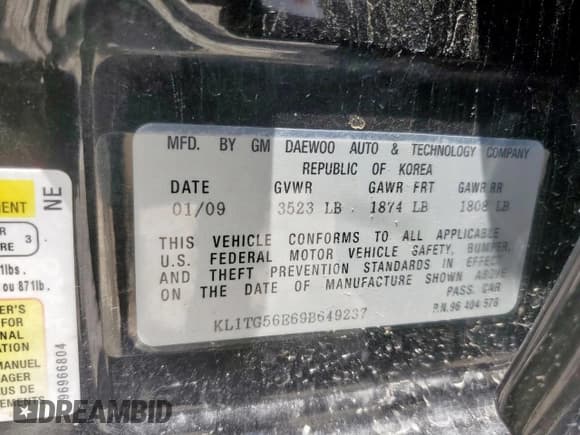 ✅ 2009 Chevrolet Aveo 2LT • VIN: KL1TG56E69B649237 • Lot: 64541965. Listed on Copart with 84,376 mi. Free auction sales archive from the USA and detailed vehicle history report at DreamBid. Image 12.