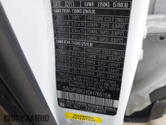 ✅ 2013 Land Rover Range Rover Evoque Pure Plus • VIN: SALVP2BG1DH765158 • Lot: 42122617. Listed on IAAI with 90,277 mi. Free auction sales archive from the USA and detailed vehicle history report at DreamBid. Image 9.