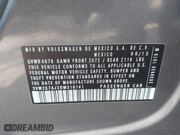 ✅ 2013 Volkswagen Jetta S • VIN: 3VW2K7AJ2DM318141 • Lot: 41686616. Listed on IAAI with 134,294 mi. Free auction sales archive from the USA and detailed vehicle history report at DreamBid. Image 9.