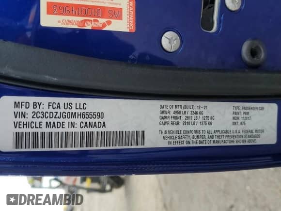 2021 Dodge Challenger GT with VIN 2C3CDZJG0MH655590, listed as a Copart auction lot 81631715 with 25,079 mi miles and Salvage title. Bid and sale history available at DreamBid. Image 12.