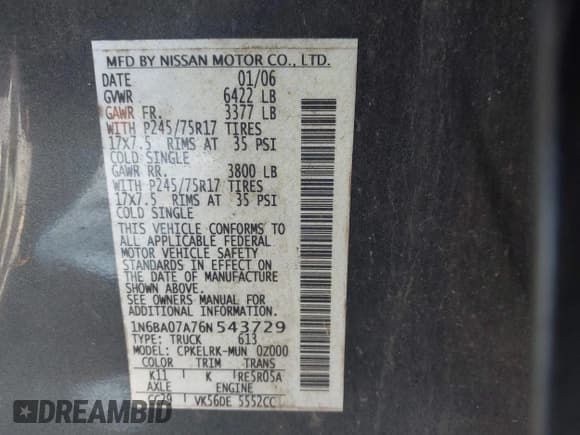 ✅ 2006 Nissan Titan SE • VIN: 1N6BA07A76N543729 • Лот: 43306899. Опубликован ранее на IAAI с пробегом 328 404 миль. Бесплатный доступ к архиву аукционных продаж из США и подробный отчёт об истории автомобиля на DreamBid. Изображение 9.