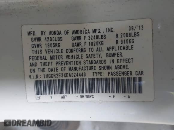 2014 Honda Accord LX with VIN 1HGCR2F3XEA024440, listed as a IAAI auction lot 43552760 with 154,103 mi miles and . Bid and sale history available at DreamBid. Image 9.