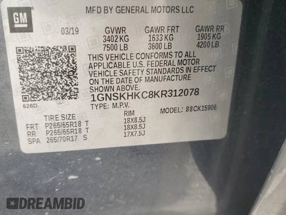 2019 Chevrolet Suburban LT z VIN 1GNSKHKC8KR312078, wystawiony jako Copart lot #66481894 z przebiegiem 89 586 mil mil oraz Szkoda całkowita • Salvage title. Historia ofert i sprzedaży dostępna na DreamBid. Obrazek 14.