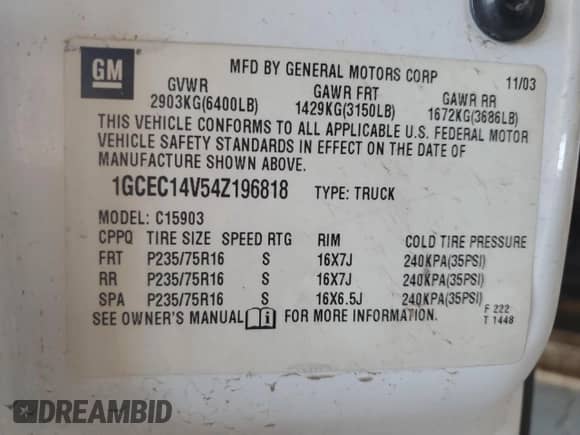 2004 Chevrolet Silverado 1500 LS z VIN 1GCEC14V54Z196818, wystawiony jako Copart lot #57126145 z przebiegiem Nie podano mil oraz Szkoda całkowita • Salvage title. Historia ofert i sprzedaży dostępna na DreamBid. Obrazek 12.