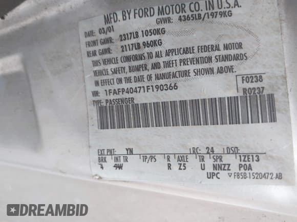 ✅ 2001 Ford Mustang Standard • VIN: 1FAFP40471F190366 • Lot: 42347598. Listed on IAAI with 168,851 mi. Free auction sales archive from the USA and detailed vehicle history report at DreamBid. Image 9.