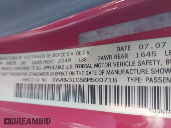 ✅ 2008 Volkswagen Beetle S • VIN: 3VWRW31C68M500718 • Lot: 42209893. Listed on IAAI with 118,162 mi. Free auction sales archive from the USA and detailed vehicle history report at DreamBid. Image 9.