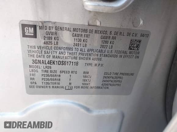 2013 Chevrolet Captiva Sport LTZ z VIN 3GNAL4EK1DS617118, wystawiony jako IAAI lot #43467944 z przebiegiem 73 297 mil mil oraz . Historia ofert i sprzedaży dostępna na DreamBid. Obrazek 9.