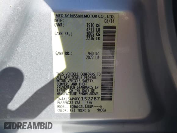 ✅ 2015 Nissan Altima S • VIN: 1N4AL3AP4FC152787 • Лот: 43623796. Опубликован ранее на IAAI с пробегом 51 675 миль. Бесплатный доступ к архиву аукционных продаж из США и подробный отчёт об истории автомобиля на DreamBid. Изображение 9.