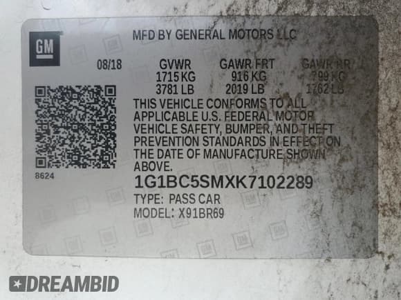 ✅ 2019 Chevrolet Cruze LS • VIN: 1G1BC5SMXK7102289 • Lot: 86277365. Listed on Copart with 145,500 mi. Free auction sales archive from the USA and detailed vehicle history report at DreamBid. Image 13.