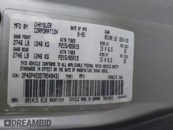 ✅ 1996 Plymouth Voyager SE • VIN: 2P4GP4535TR549431 • Лот: 42531734. Опубликован ранее на IAAI с пробегом 131 014 миль. Бесплатный доступ к архиву аукционных продаж из США и подробный отчёт об истории автомобиля на DreamBid. Изображение 9.