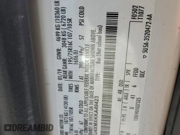 ✅ 2019 Ford Transit Passenger XL • VIN: 1FBVU4XMXKKA49423 • Лот: 52590185. Опубликован ранее на Copart с пробегом 183 289 миль. Бесплатный доступ к архиву аукционных продаж из США и подробный отчёт об истории автомобиля на DreamBid. Изображение 13.