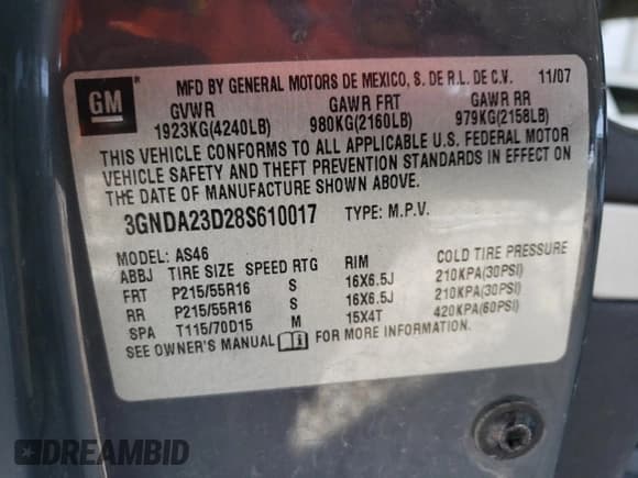 ✅ 2008 Chevrolet HHR LT • VIN: 3GNDA23D28S610017 • Lot: 52350235. Listed on Copart with 169,123 mi. Free auction sales archive from the USA and detailed vehicle history report at DreamBid. Image 13.