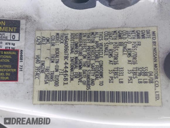 ✅ 2008 Nissan Frontier SE • VIN: 1N6AD06U78C444681 • Lot: 43694643. Listed on IAAI with 73,525 mi. Free auction sales archive from the USA and detailed vehicle history report at DreamBid. Image 9.