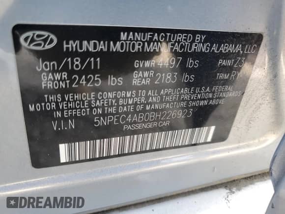2011 Hyundai Sonata SE с VIN 5NPEC4AB0BH226923, выставлен на аукционе Copart как лот 81862505 с пробегом 165 170 миль миль и Списание • Salvage title. История ставок и продаж доступна на DreamBid. Изображение 13.