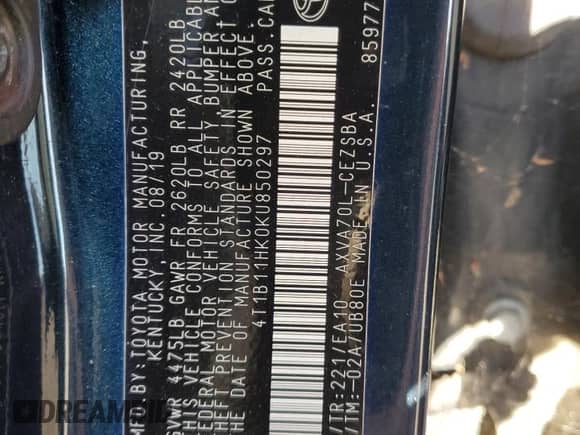 2019 Toyota Camry LE z VIN 4T1B11HK0KU850297, wystawiony jako Copart lot #86070935 z przebiegiem 213 970 mil mil oraz Czysty tytuł • Clean title. Historia ofert i sprzedaży dostępna na DreamBid. Obrazek 12.