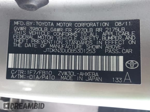 ✅ 2011 Toyota Prius III • VIN: JTDKN3DU0B5301253 • Lot: 43466144. Listed on IAAI with 123,046 mi. Free auction sales archive from the USA and detailed vehicle history report at DreamBid. Image 9.