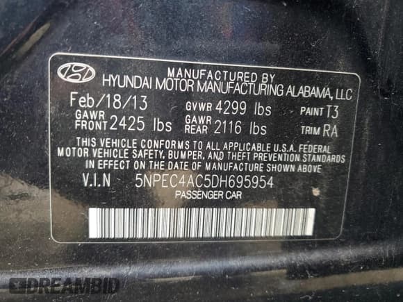 ✅ 2013 Hyundai Sonata SE • VIN: 5NPEC4AC5DH695954 • Lot: 71154224. Listed on Copart with 174,314 mi. Free auction sales archive from the USA and detailed vehicle history report at DreamBid. Image 13.