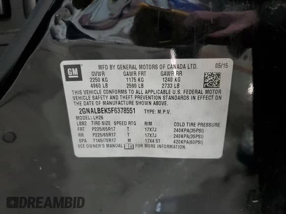 2015 Chevrolet Equinox LT with VIN 2GNALBEK5F6378551, listed as a Copart auction lot 89682975 with 143,427 mi miles and Salvage title. Bid and sale history available at DreamBid. Image 13.