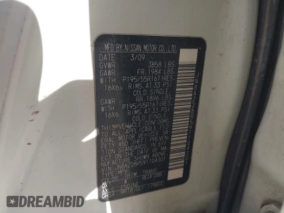 ✅ 2009 Nissan Cube S • VIN: JN8AZ28R59T104301 • Лот: 41905259. Опубликован ранее на IAAI с пробегом 161 693 миль. Бесплатный доступ к архиву аукционных продаж из США и подробный отчёт об истории автомобиля на DreamBid. Изображение 9.