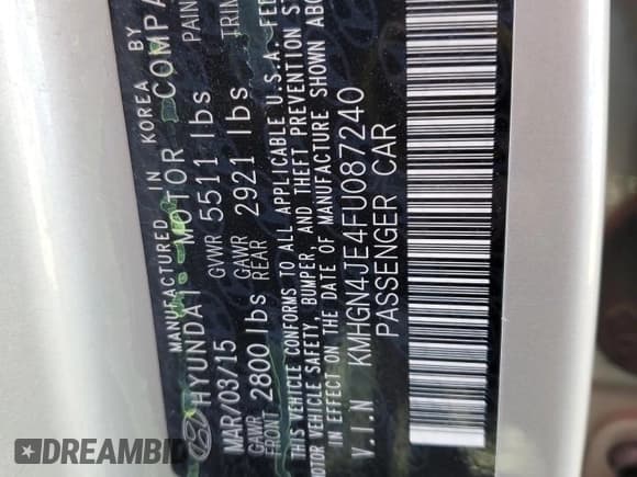 ✅ 2015 Hyundai Genesis 3.8L • VIN: KMHGN4JE4FU087240 • Lot: 43742505. Wystawiony na Copart z przebiegiem 121 018 mil. Bezpłatny archiwum sprzedaży aukcyjnych z USA i szczegółowy raport historii pojazdu na DreamBid. Zdjęcie 15.