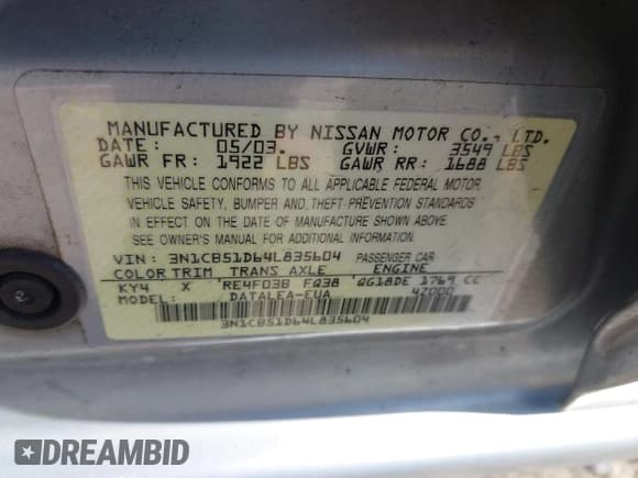 ✅ 2004 Nissan Sentra S • VIN: 3N1CB51D64L835604 • Лот: 41582252. Опубликован ранее на IAAI с пробегом 47 225 миль. Бесплатный доступ к архиву аукционных продаж из США и подробный отчёт об истории автомобиля на DreamBid. Изображение 9.