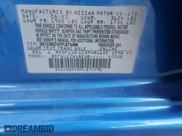 ✅ 2023 Nissan Versa S • VIN: 3N1CN8DV2PL874496 • Lot: 93603045. Listed on Copart with 9,443 mi. Free auction sales archive from the USA and detailed vehicle history report at DreamBid. Image 13.