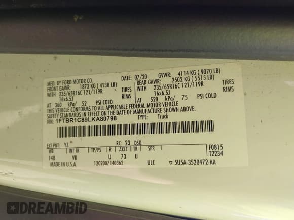 ✅ 2020 Ford Transit Cargo • VIN: 1FTBR1C89LKA80798 • Lot: 42123344. Listed on IAAI with 64,773 mi. Free auction sales archive from the USA and detailed vehicle history report at DreamBid. Image 9.