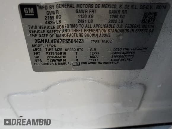 ✅ 2015 Chevrolet Captiva Sport LTZ • VIN: 3GNAL4EK7FS504423 • Лот: 91247245. Опубликован ранее на Copart с пробегом 95 085 миль. Бесплатный доступ к архиву аукционных продаж из США и подробный отчёт об истории автомобиля на DreamBid. Изображение 13.
