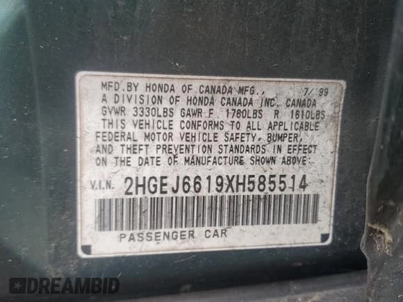 ✅ 1999 Honda Civic VP • VIN: 2HGEJ6619XH585514 • Lot: 55683885. Listed on Copart with 76,596 mi. Free auction sales archive from the USA and detailed vehicle history report at DreamBid. Image 12.