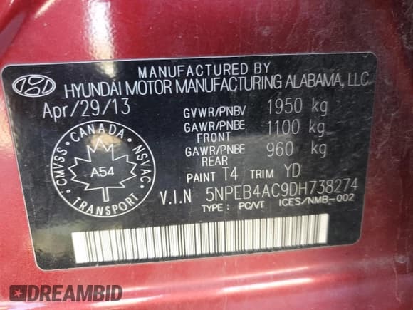 ✅ 2013 Hyundai Sonata GLS • VIN: 5NPEB4AC9DH738274 • Lot: 90019895. Listed on Copart with 187,454 mi. Free auction sales archive from the USA and detailed vehicle history report at DreamBid. Image 13.