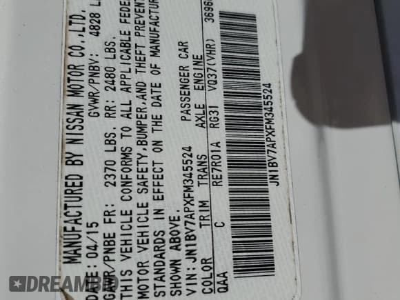 ✅ 2015 Infiniti Q50 Premium • VIN: JN1BV7APXFM345524 • Lot: 86469845. Listed on Copart with 133,930 mi. Free auction sales archive from the USA and detailed vehicle history report at DreamBid. Image 12.