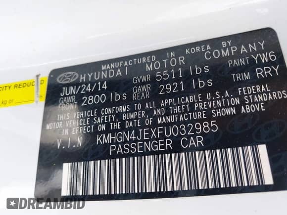 2015 Hyundai Genesis 3.8L with VIN KMHGN4JEXFU032985, listed as a IAAI auction lot 43285750 with 101,010 mi miles and . Bid and sale history available at DreamBid. Image 9.