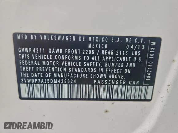 ✅ 2013 Volkswagen Jetta SE • VIN: 3VWDP7AJ5DM438624 • Lot: 94568665. Listed on Copart with 163,247 mi. Free auction sales archive from the USA and detailed vehicle history report at DreamBid. Image 12.