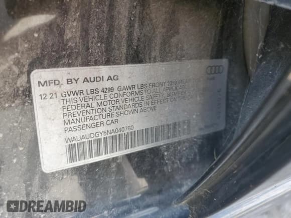 ✅ 2022 Audi A3 Premium • VIN: WAUAUDGY5NA040780 • Lot: 65610035. Wystawiony na Copart z przebiegiem 73 534 mil. Bezpłatny archiwum sprzedaży aukcyjnych z USA i szczegółowy raport historii pojazdu na DreamBid. Zdjęcie 12.
