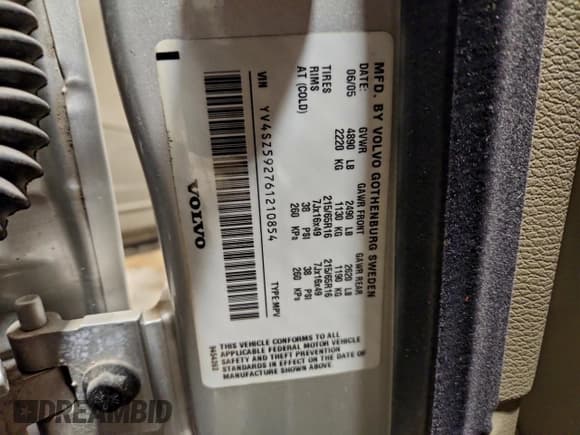 ✅ 2006 Volvo XC70 • VIN: YV4SZ592761210854 • Lot: 96112615. Listed on Copart with 123,803 mi. Free auction sales archive from the USA and detailed vehicle history report at DreamBid. Image 12.