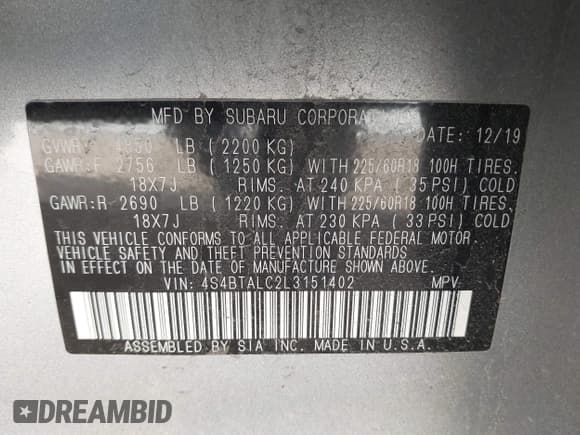 ✅ 2020 Subaru Outback Limited • VIN: 4S4BTALC2L3151402 • Lot: 43592648. Wystawiony na IAAI z przebiegiem 125 693 mil. Bezpłatny archiwum sprzedaży aukcyjnych z USA i szczegółowy raport historii pojazdu na DreamBid. Zdjęcie 9.